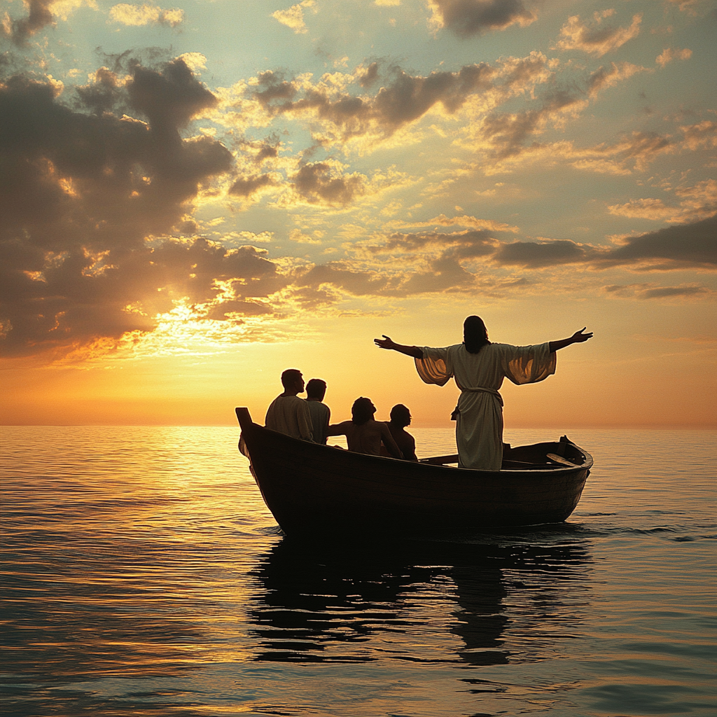 Jesus calming the storm in boat