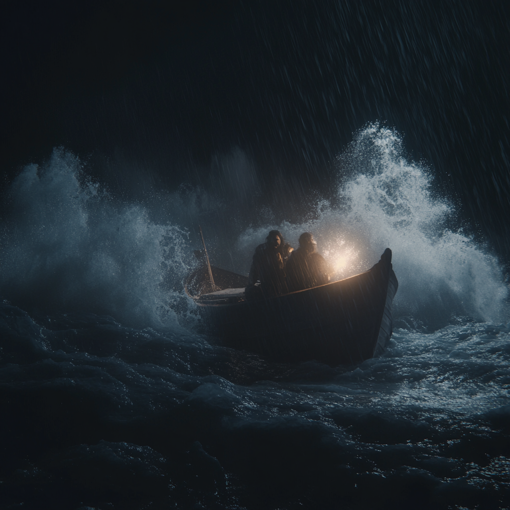 crashing waves against a boat with Jesus by your side